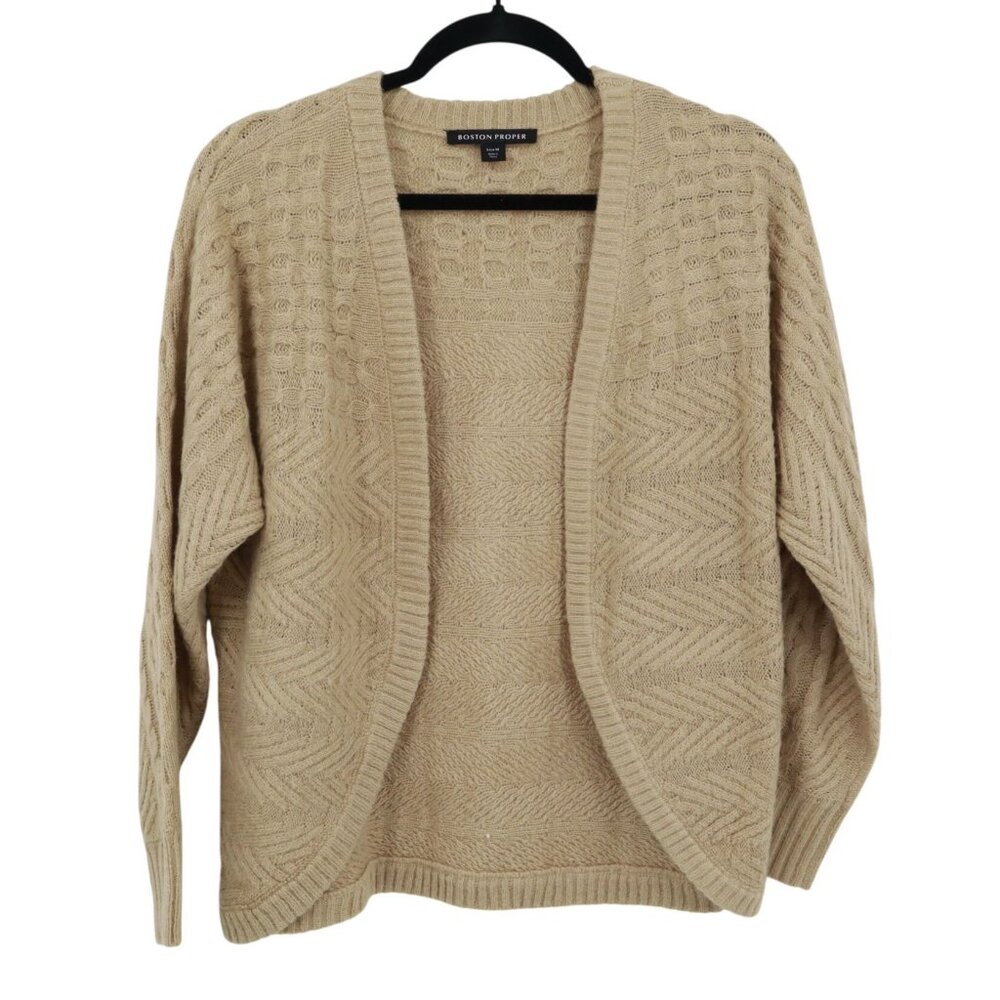 Boston Proper Wool Sweater Womens M Tan Classic Timeless Academia Fisherman Cozy